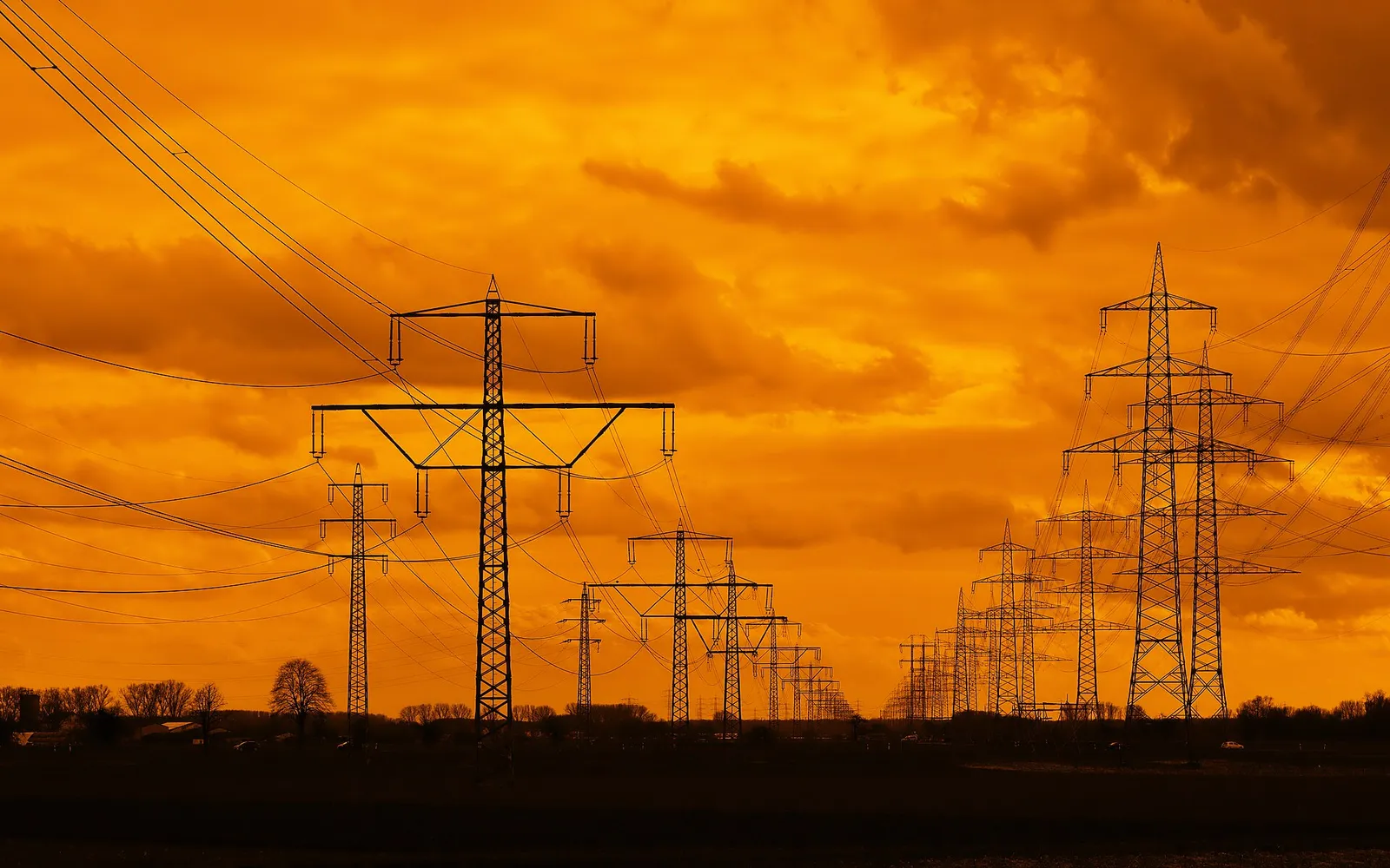 Linee elettriche ad alta tensione contro un cielo infuocato